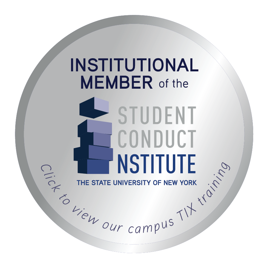 Circular silver and gray badge reading “Institutional Member of the Student Conduct Institute.” The center features a stacked geometric logo in shades of dark blue and gray next to the words “Student Conduct Institute,” with “The State University of New York” written below. Around the outer edge of the badge, curved text reads “Click to view our campus TIX training.” The design has a metallic gradient background and a polished, seal-like appearance.