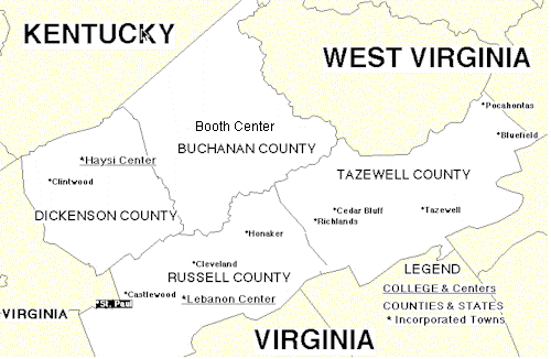 A map showing parts of Kentucky, West Virginia, and Virginia, highlighting Buchanan County, Dickenson County, Russell County, and Tazewell County in Virginia. The map includes labeled community college centers: Haysi Center in Dickenson County, Booth Center in Buchanan County, Lebanon Center and Castlewood in Russell County, and Cedar Bluff and Richlands in Tazewell County. Incorporated towns such as Cleveland, Honaker, St. Paul, Pocahontas, Bluefield, and Tazewell are also marked. A legend indicates symbols for colleges and centers, counties and states, and incorporated towns.