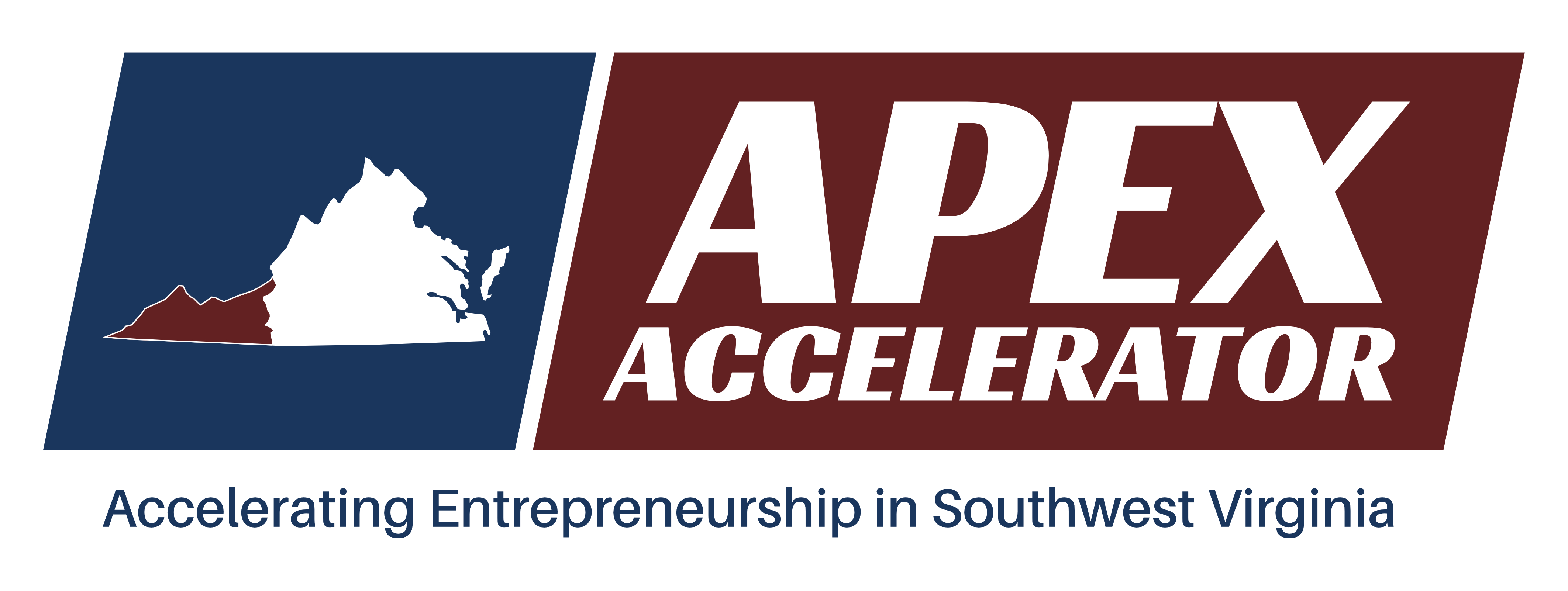 Logo with a Virginia silhouette highlighting the southwest region, alongside the text “APEX Accelerator” and the tagline “Accelerating Entrepreneurship in Southwest Virginia.”.