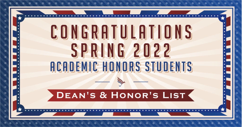 Congratulations Spring 2022 Academic Honors Students. Dean's and Honor's List