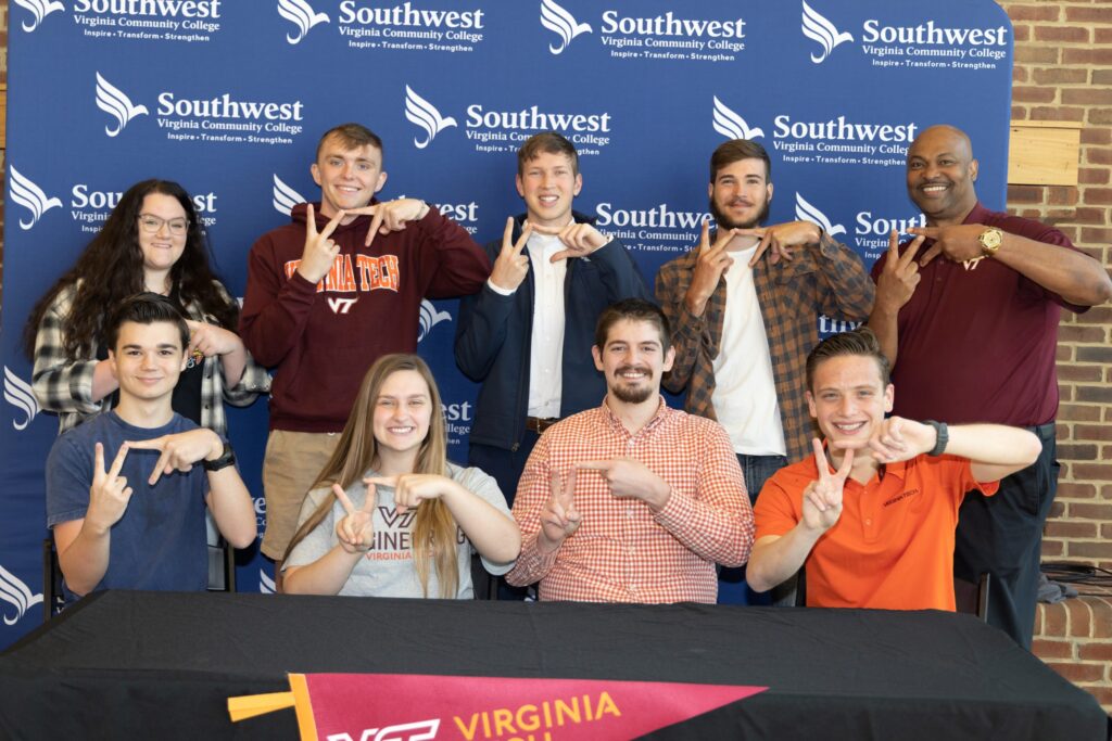 (L-R) Virginia Tech transfer students (front), Ayden Robinson, Annaleigh Rowe, Arthur Justus, Mitchell Campbell. (back) Kelsey Messer, Gray Queen, Johnathan Altizar, Charles Lawson, II, Greg Anderson (VT Undergraduate Admissions)