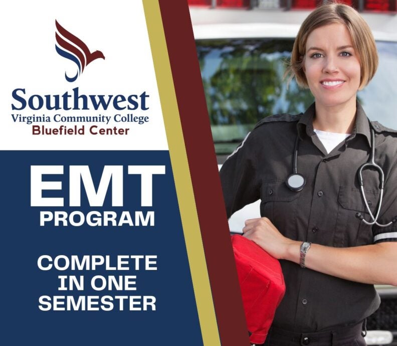 photo of female EMT with text EMT PROGRAM, COMPLETE IN ONBE SEMESTER, with college logo and Bluefield Center titled under the logo.