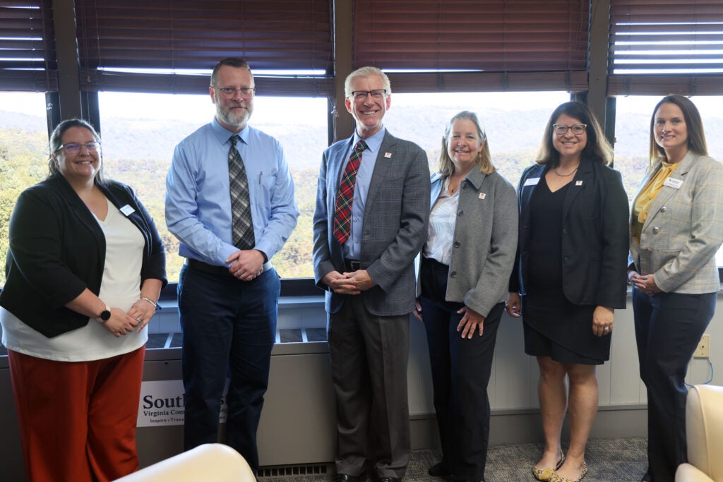 A picture of the meeting between Southwest Virginia Community College and Radford University. Pictured are President Hayes, President Bret Danilowicz, Dannette Beane, Bethany Usher, Mandy Barrett, Dr. Bethany Rose.