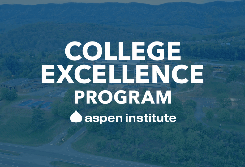An aerial photo of the college campus with the Aspen Institute College Excellence Program logo overlayed