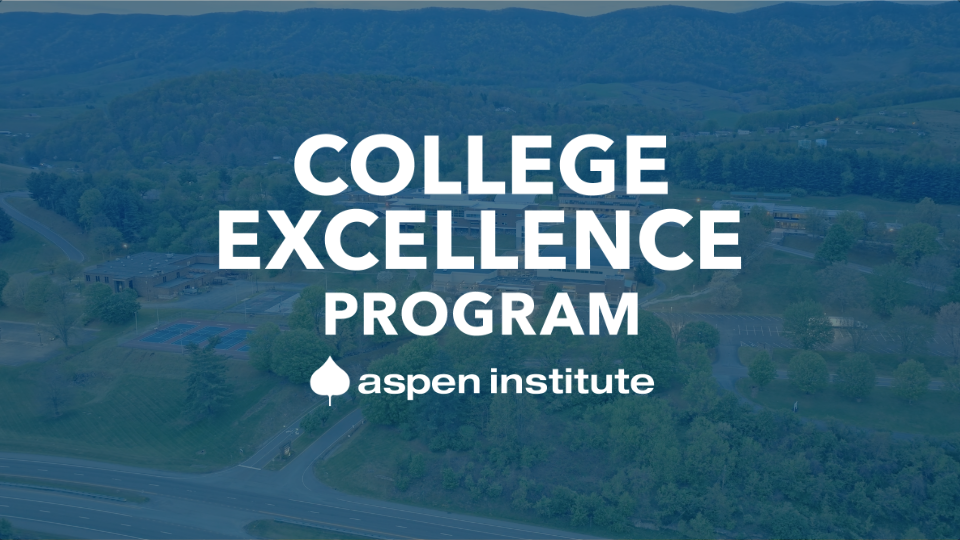 An aerial photo of the college campus with the Aspen Institute College Excellence Program logo overlayed