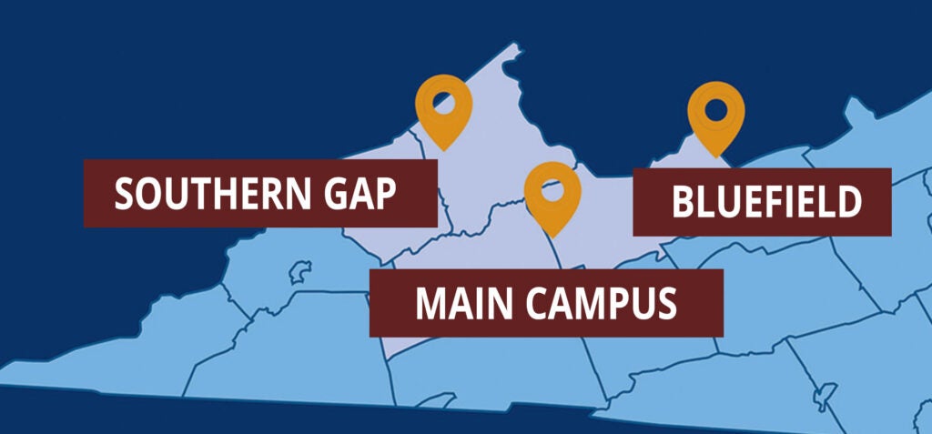 Map showing all three nursing locations of Southern Gap, Main Campus, and Bluefield