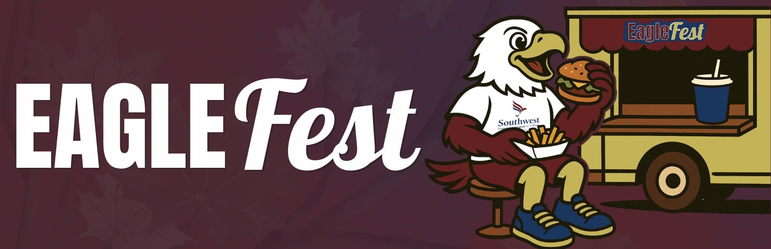 EagleFest text with the eagle mascot eating at a food truck.
