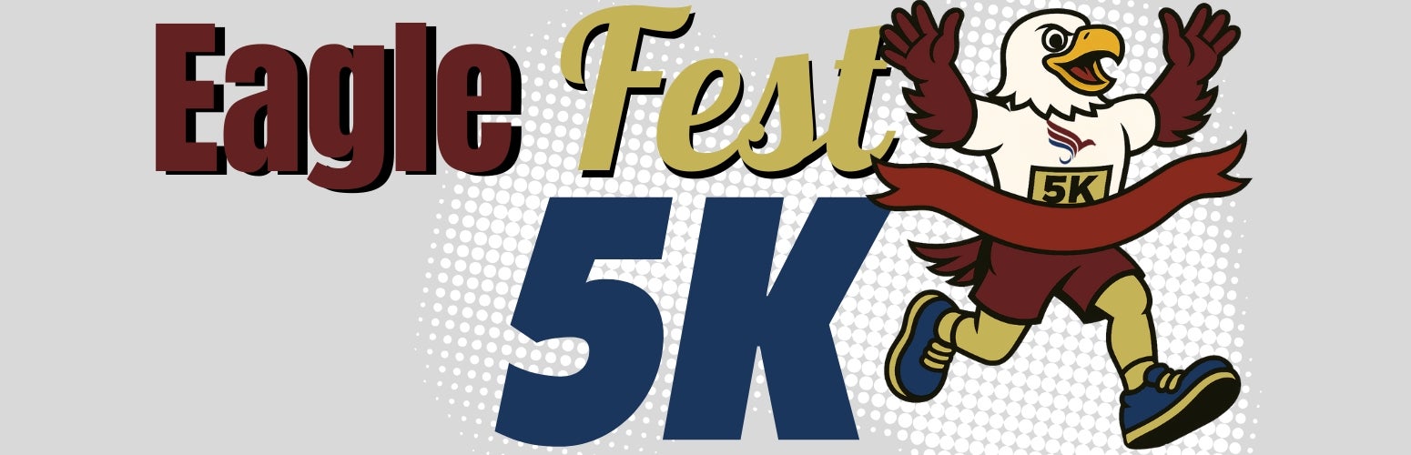 Banner for EagleFest 5k with the eagle mascot crossing a finish line.