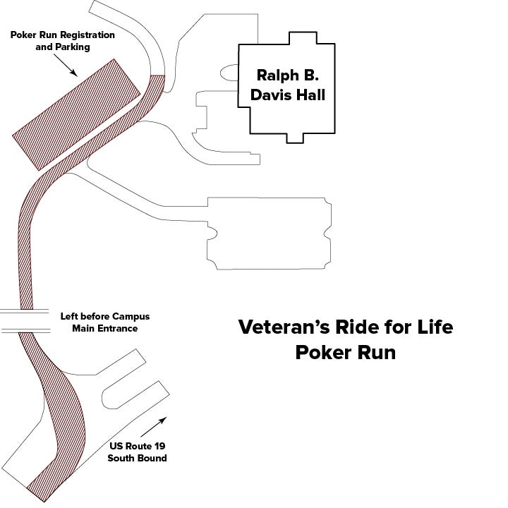 Snippet of the campus map for the Veterans Ride for Life Poker Run event location. From Route 19, take the east entrance onto Community College Rd. Davis Hall will be the first building on your right.