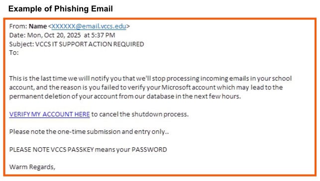 An example of the email message with the subject "VCCS IT SUPPORT ACTION REQUIRED"