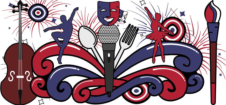 Colorful illustration featuring symbols of the arts in red, blue, and black. A large swirling decorative pattern forms the base, with a microphone, comedy-and-tragedy theater mask, and utensils at the center. Silhouettes of dancers appear on each side, along with fireworks, target-like circles, a cello on the left, and an upright paintbrush on the right.