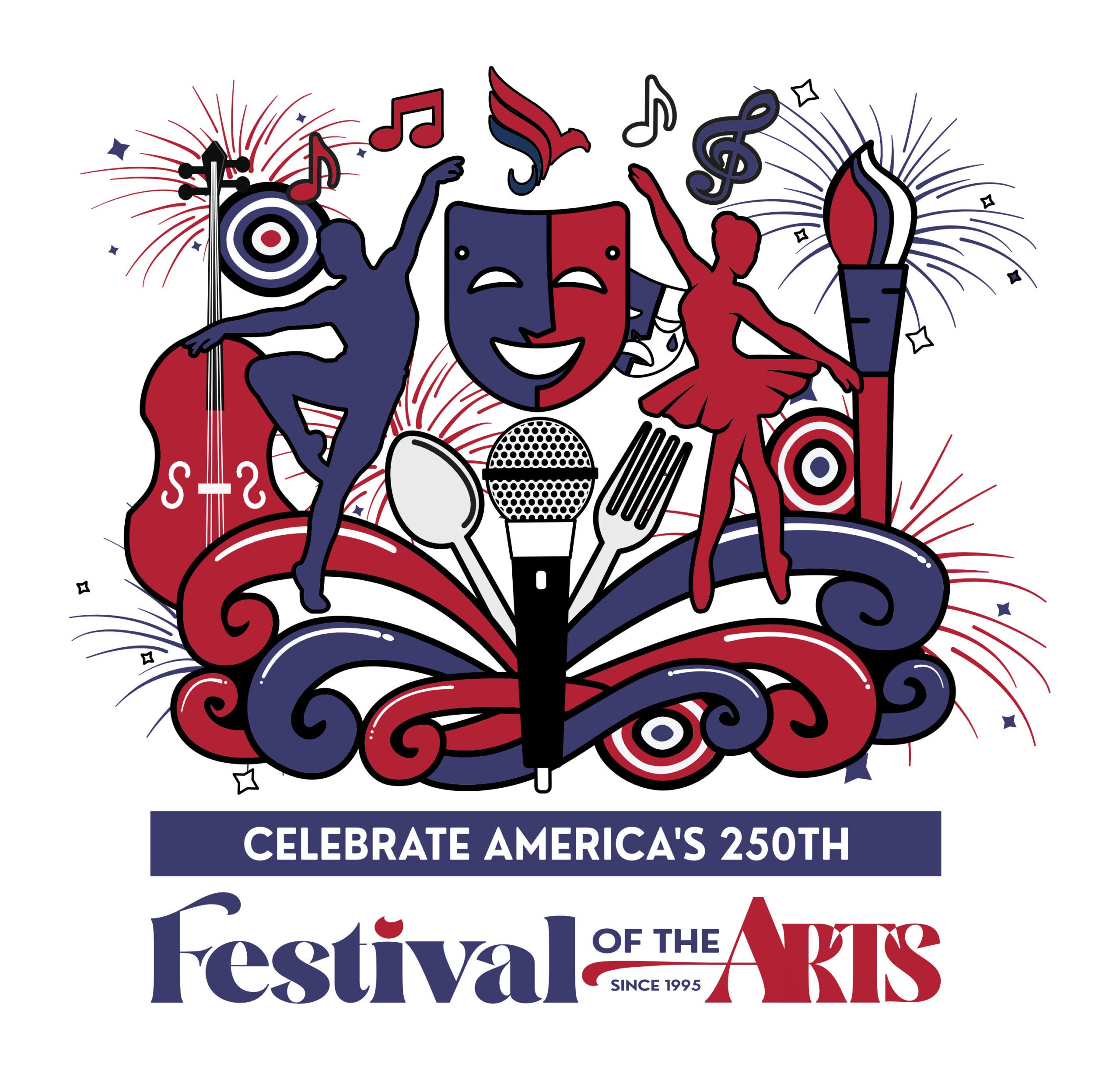 Illustrated logo for the “Festival of the Arts.” The design features red, white, and blue graphics including dancers, a cello, a theater mask, a microphone, utensils, fireworks, musical notes, and a paintbrush arranged in a swirling decorative pattern. Below the artwork, a banner reads “Celebrate America’s 250th,” and the event title appears underneath: “Festival of the Arts — Since 1995.”